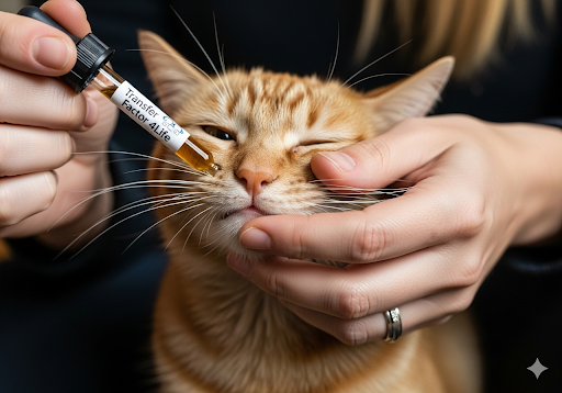 Gambar 5. Tangan seseorang sedang memberikan cairan Transfer Factor 4Life menggunakan pipet ke mulut kucing yang sedang sakit